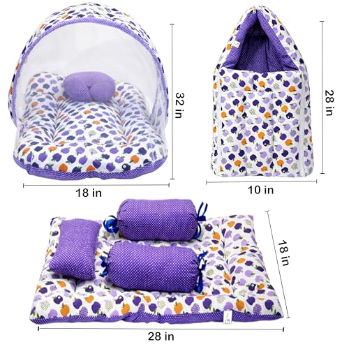 Image of Fareto Combo of Baby Bed with Net | Carry Bag | 4 Pcs Bedding Set (0-6 Months, Baby Size, Cotton) (Purpal)