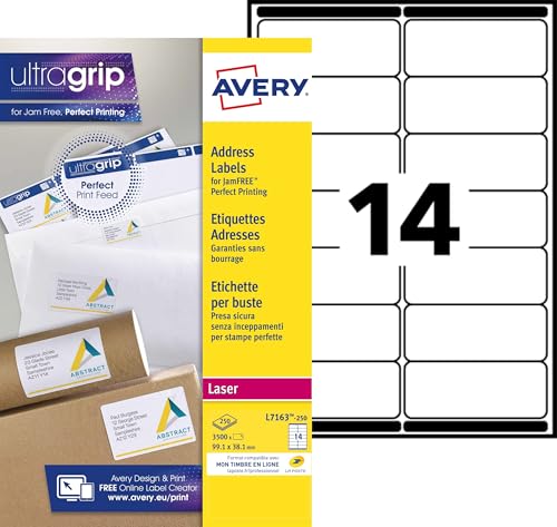 Avery Printable, Customisable Address Mailing Labels, Laser Printers, 14 Labels Per A4 Sheet, 3500 Labels, QuickPEEL (L7163) White, 250 Sheets