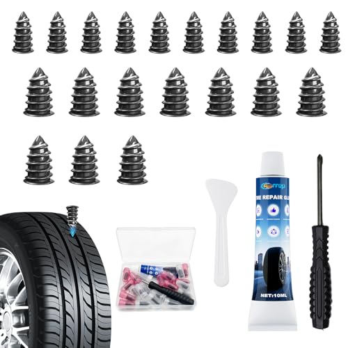 Carrep Tire Repair Rubber Nails Kit, 20 PCS Screw in Tire Plug kit with 2 Sizes, Portable Emergency Tubeless Flat Tire Repair Kit for Cars, SUVs, Motorcycles and ATVs (10S+10L+1X10ML)