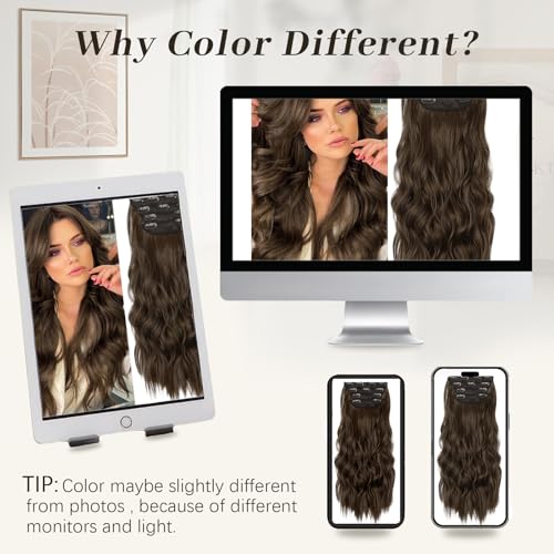 Image of Wavy Thick Clip in Hair Extensions 16 inch Chestnut Brown | Natural Volume & seamless, 4 Pieces Clip in Extensions,Fiber Double Weft Hairpieces,Wave Short Synthetic Hairpiece for Women