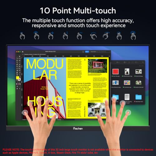 Image of 32 Inch 4K Touch Monitor, 144Hz UHD 3840x2160 Desktop Monitor 10-Point Touchscreen, HDMI 2.1 & DP 1.4 & Type-C, HDR 400, Height-Adjustable & Rotatable Stand VESA Mountable External Touch Screen for PC
