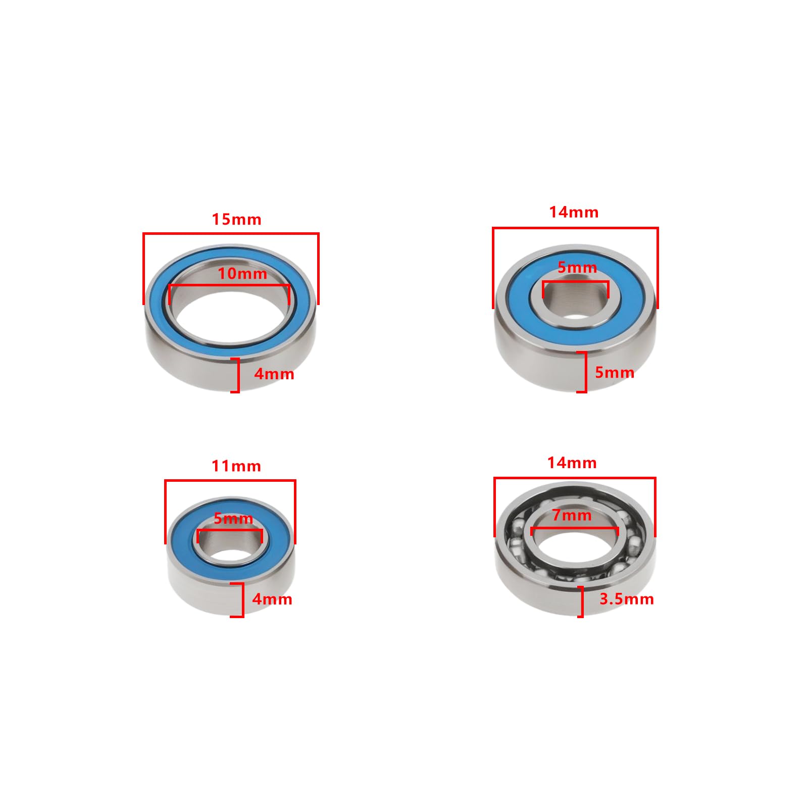 SG Store 16PCS RC Off-Road Car Front and Rear Bearings Kit 5x11x4 mm 7x14x3.5mm Open 5x14x5mm 10x15x4mm Compatible with Axial SCX10.2 SCX10 II Ar44 - Image 4
