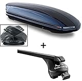 Alles in einem - Sparen Sie sich die Auswahl mehrerer Komponenten für Ihre perfekte Transportlösung - Mit dem Set aus Dachbox und Dachträger erhalten Sie ein leicht zu montierendes Komplettpaket mit allen Befestigungsteilen. Die schwarze Box überzeugt mit ihrem einzigartigen Design und perfekter Aerodynamik. Außenmaße: 194 x 78 x 37 cm (L x B x H), Innenmaße: 184 x 70 x 33,5 cm (L x B x H)
