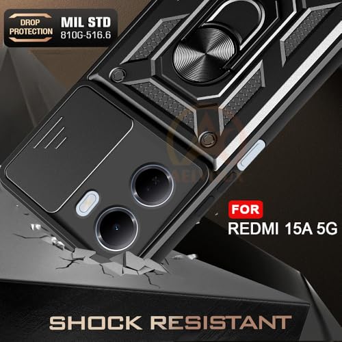 Image of Armor Bumper Back Cover Case for Redmi 15A 5G | Rotating Camera Cover, Ring Holder & Kickstand | Heavy Duty & 360 Degree Protection Redmi 15A 5G Back Cover (Black)
