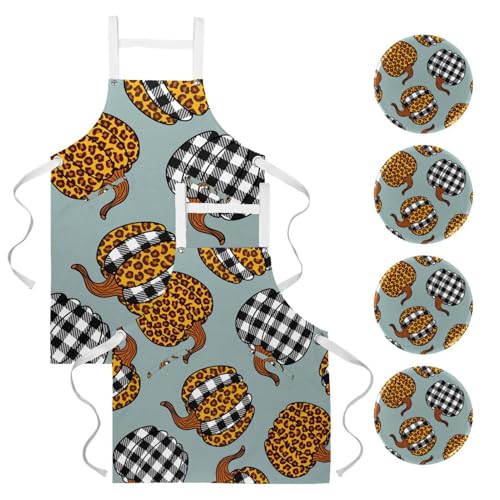Lot de 2 tabliers de cuisine léopard et carreaux citrouille avec 4 broches