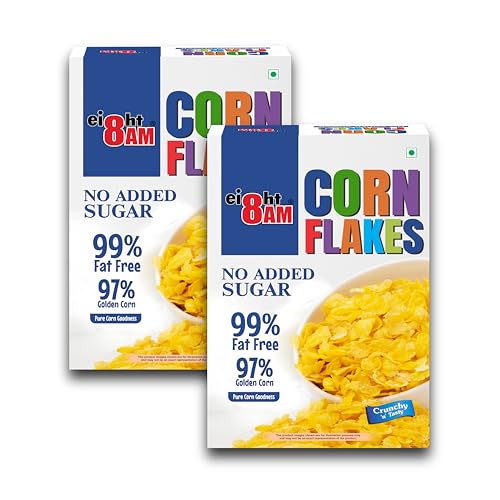 Image of 8AM Corn Flakes 500 Gram (Pack Of 2), No Added Sugar, 97% Corn, 99% Fat Free, No Cholesterol, Trans Fat, Artificial Additives, Vitamins B1, B2, B3, B6, B9, Iron, Calcium, Breakfast Cereal
