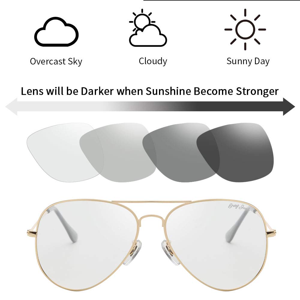 grey jack Polarized Aviator Sunglasses lightweight Stylish Glasses for Men Women UV Protection S1101 Golden Frame Photochromic Sunglasses