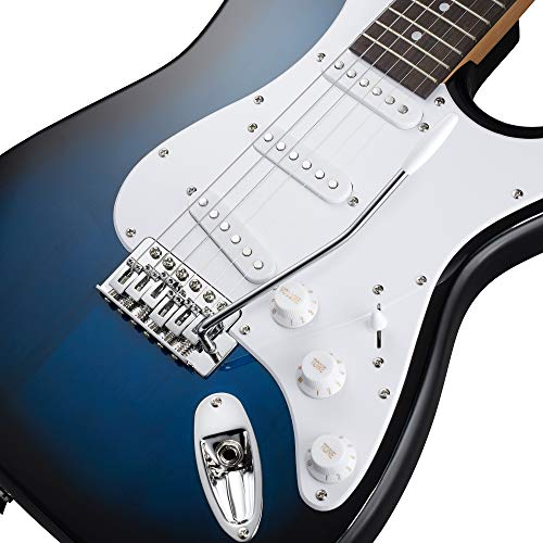 ashthorpe 39-inch electric guitar blue-white full-size guitar kit with padded gig bag tremolo bar strap strings cable cloth picks