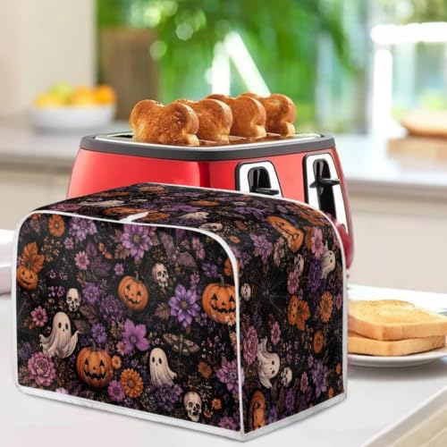 Image of Talayituse Ghost Skull Pumpkin Flower Print Toaster Cover 2 Slice Wide Slot, Lightweight Bread Maker Cover Dust Protection Washable Appliance Bag Halloween Decor, S