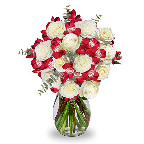 Bouquet Of Roses And Alstroemerias With Greens- Fresh Flowers- White And Red #TOP3