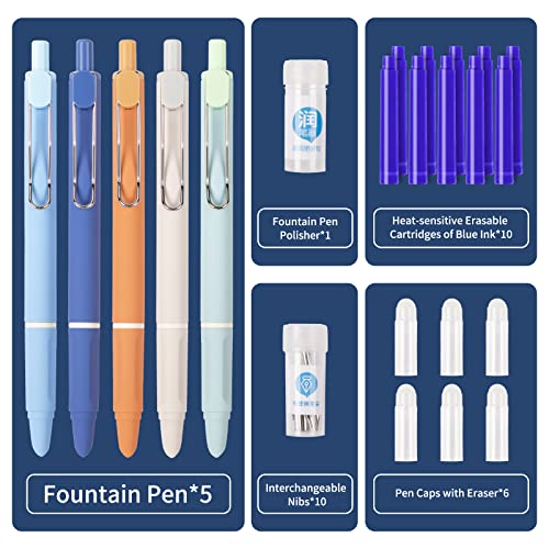 Alkalo Retractable Fountain Pen Extra Fine Nib Thermal Erasable Fountain Pen Set Includes 5 Fountain Pens With Ink Converter And Blue Ink Bladder(Bear Candy Pen) #TOP2