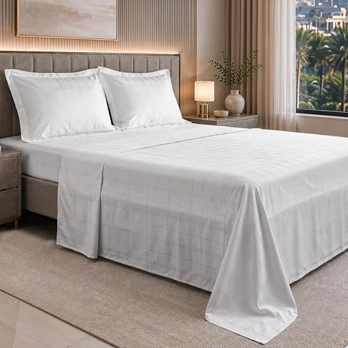 Image of Pizuna 100% Cotton Bedsheet Super King Size with 2 Pillow Covers, 300 Thread Count Long Staple Cotton, Checks Pattern Flat Bed Sheet 108X108 Inch for Superking Bed, White