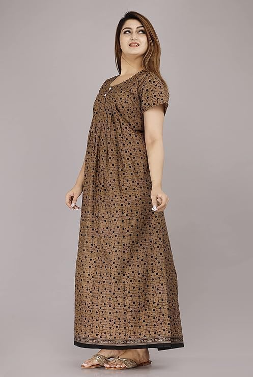 Image of NILOUFO Women's Cotton Printed Maxi Nighty - Pack of 2 | Soft Ankle-Length Sleepwear Gowns for Women | Free Size Night Dresses (Brown,Blue, Free Size)