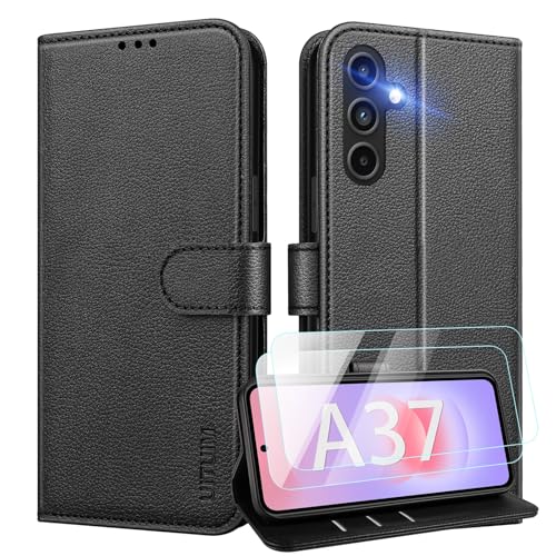 UITUIM Phone Case for Samsung Galaxy A37 5G with 2 Tempered Glass Screen Protector Leather Wallet Style Slim Stand Flip Card Holder Slots Shockproof Magnetic Phone Cover Black