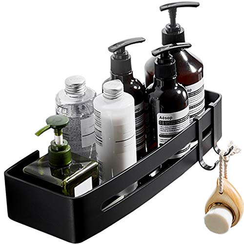 Estante de ducha adhesivo para baño, sin taladrar, aluminio inoxidable con 2 ganchos, color negro, 32 x 13 cm, estante de ahorro de espacio para almacenamiento de ducha