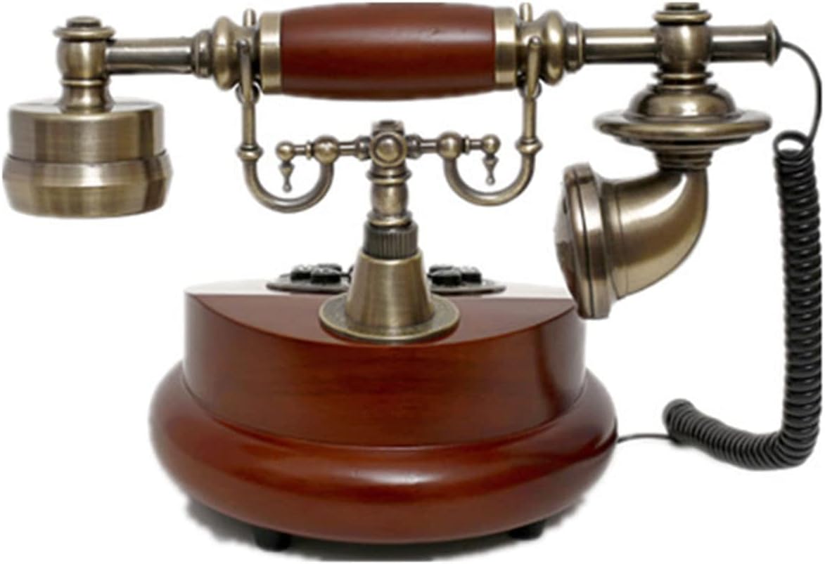 Vintage Retro Phone Functional Fixed Phone Rotating Dial Classic Bell with Wooden and Metal Body