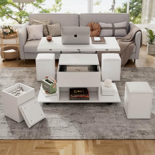 EURHCIO Table Basse Relevable à roulettes 100x50x48cm,Table Basse Salon Pliante Moderne avec Plateau Déformable,4 Tabourets à Rangement,Espace Ouvert de...