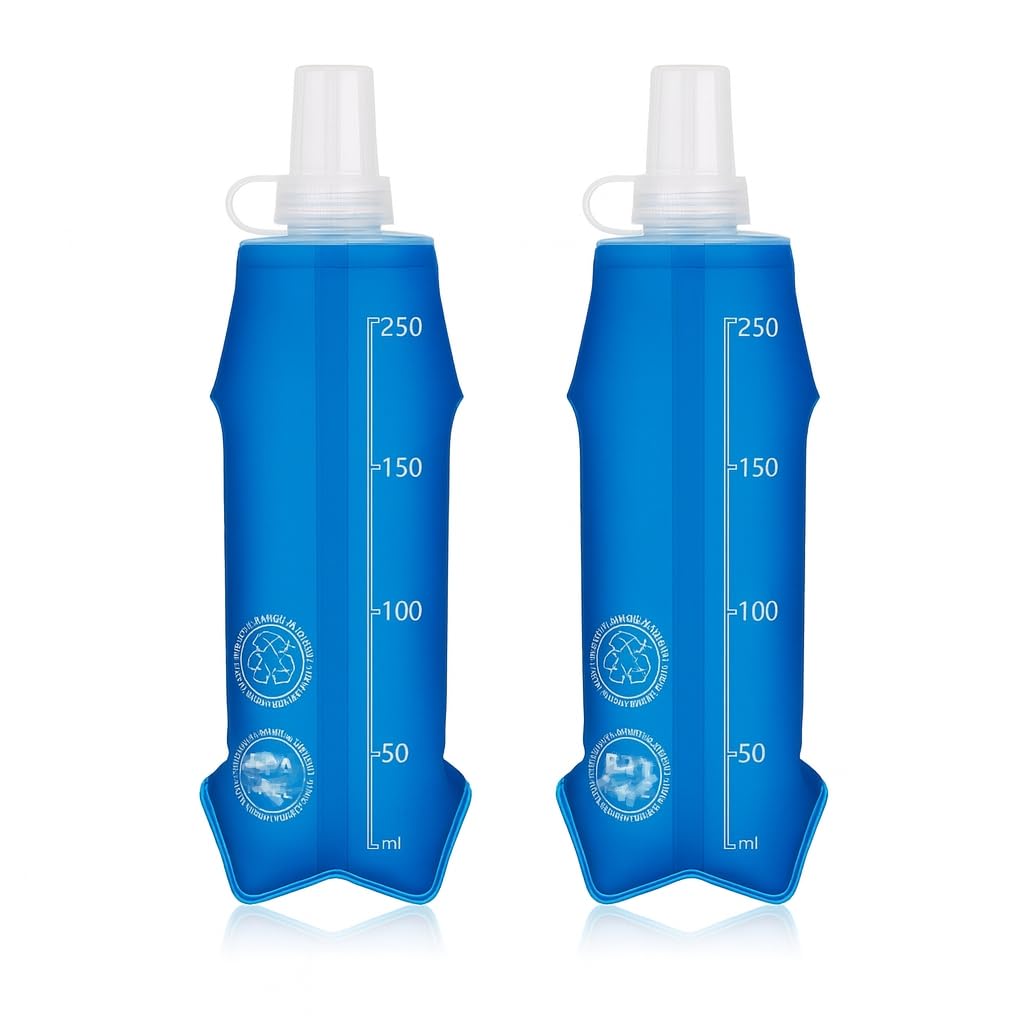 Set 2 Borracce Pieghevoli in Silicone da 250ml, Borraccia Morbida Ultraleggera con Moschettone e Sacchetto Porta Bevande, Bottiglia Acqua Richiudibile per Campeggio,Trekking, Sport Outdoor
