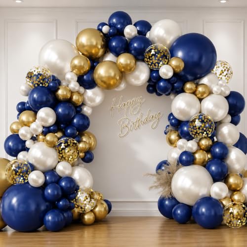 Image of Navy Blue Gold White Balloon Arch Kit 129 Pcs Double Stuffed