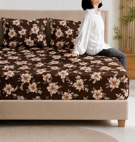 Image of Warm Flannel (Flano) King Size Winter Fitted Bedsheet | All Side Elastic Premium Winter Soft Velvet Furnishing Bed Sheet with 2 Big Pillow Cover Size - 72 x 78 X 8 Inches Chololate Brown