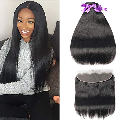 Beaudiva Hair Straight Hair Bundles with Frontal(20 22 24+18inch) 3 Bundles with Ear to Ear 13×4 Lace Frontal Unprocessed 8A Brazilian Straight Virgin Human Hair Extensions Natural Color