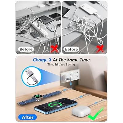 2Pack Multi Charging Cable Cord for Travel Essentials,Apple Watch Charger,iPhone Charger,[3-in-2] Type C/Lightning Cable Portable Designed for iWatch,iPhone 17-8,Galaxy S25-21,AirPods,iPad-1.8M Gray
