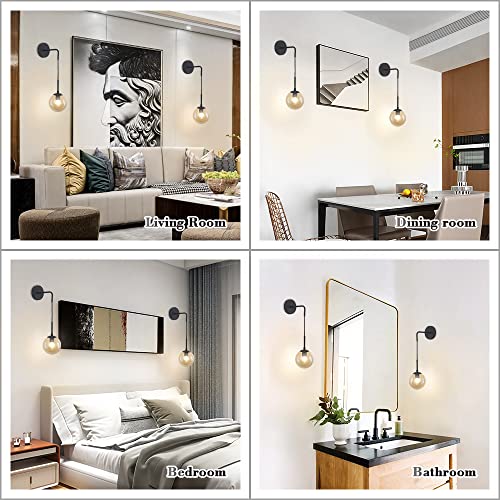 Image of BOKT Matte Black Amber Glass Round Wall Sconce Light Mid Century Modern Globe Bathroom Wall Sconce Lamp Farmhouse Industrial Adjustable Bar Wall Light Fixture (Black+Amber)