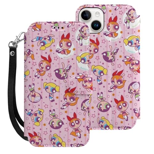 パワーパフガールズ iPhone15 Plus用ケース 手帳型 財布型 スマホケース カード収納 PUレザー おしゃれ アイフォン15 Plus用ケース 全面保護 マグネット式 耐衝撃 脱着簡単