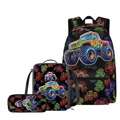 Cartoon Buggy Backpack for School with Lunchbox Pencil Pouch 3 in 1 Kids Bookbag Set Boys Book Bags with Lunch Box Pencil Case Travel Backpack