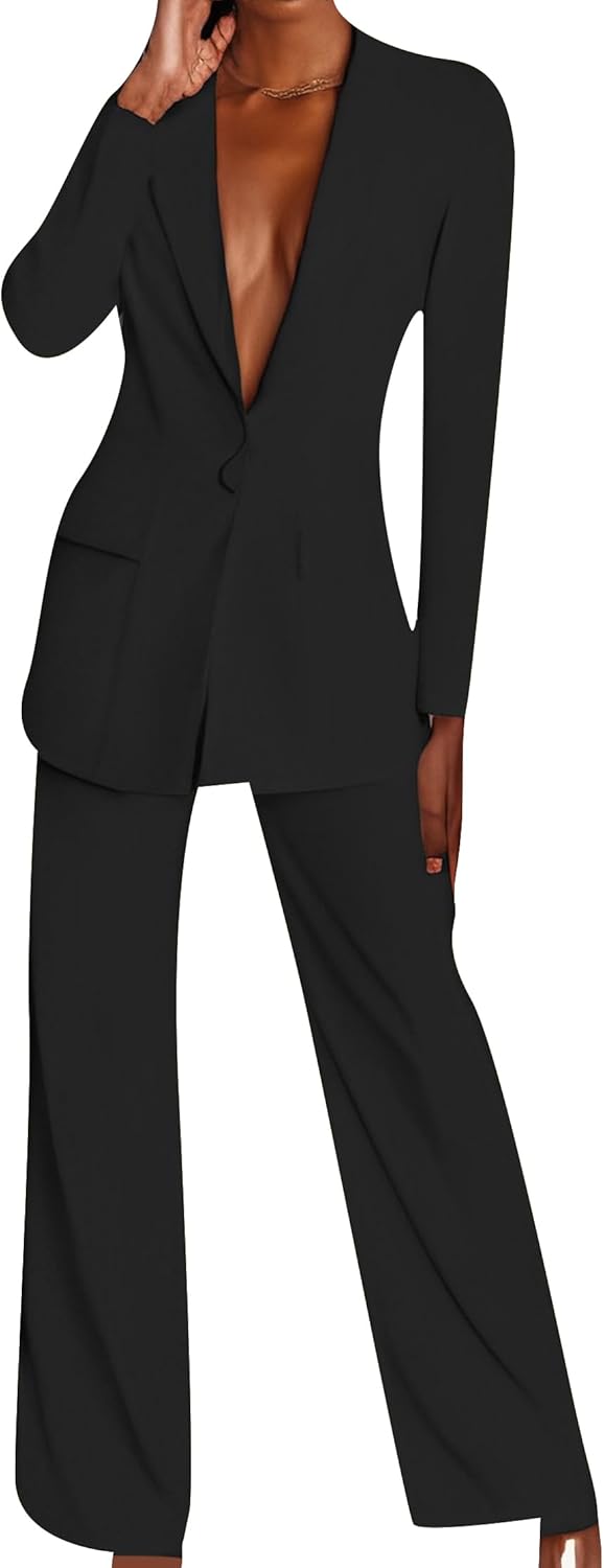Women Business Notched Lapel Blazer and High Elastic Waist Pant Suit Set Loose Fit Casual Fall Winter 2 Piece Suits