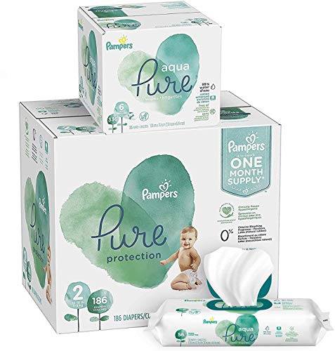 Diapers Size 2, 186 Count and Baby Wipes - Pampers Pure Protection Diapers and Aqua Pure 6X Pop-Top Sensitive Water Baby Wipes, 336 Count (Packaging May Vary)