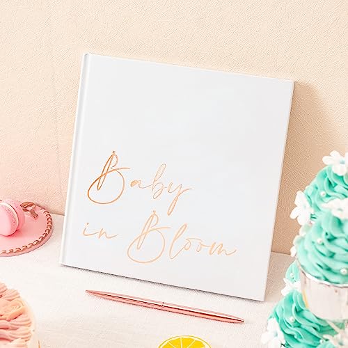 Image of Calculs Baby in Bloom Baby Shower Guest Book, Rose Gold | 8.5-inch square hardcover keepsake book, 32 blank sheets for messages and instant photos, pen included