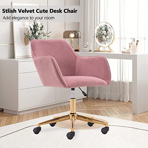 Modern Velvet Home Office Chair, Upholstered Cute Desk Chair With Gold Metal Legs, Adjustable Swivel Task Chair With Wheels, Vanity Chair For Girls Women Small Space Bedroom Study Makeup, Pink #TOP7