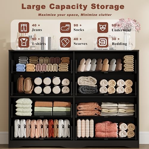 Image of Fluted 8 Drawer Dresser for Bedroom, 55 inch Wide Modern Wooden Chest of Drawers with Metal Handles, TV Stand & Closet Storage Organizer for Living Room,Hallway, Black