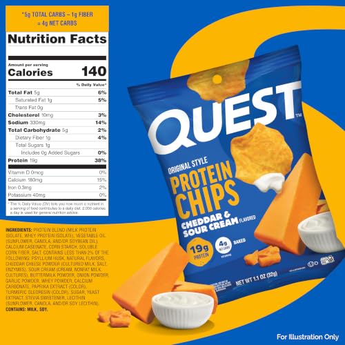 Image of Quest Nutrition Cheddar & Sour Cream Protein Chips, 19g Protein, 4g Net Carbs, Low Carb, Gluten Free, 1.1 oz, 4 count