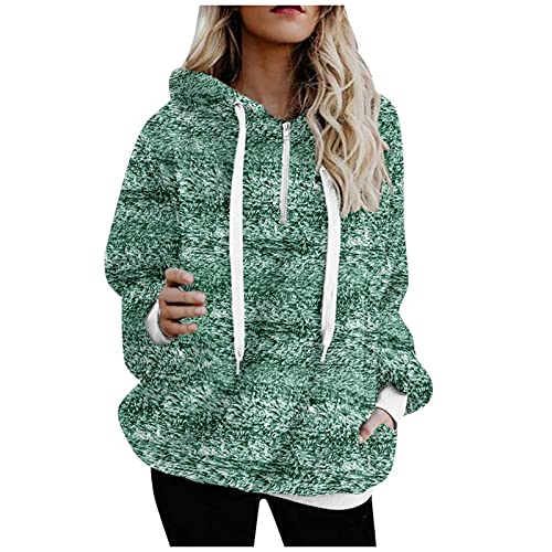 A1155 Sweat à capuche en polaire pelucheuse avec poches pour femme, Vert, L Cover