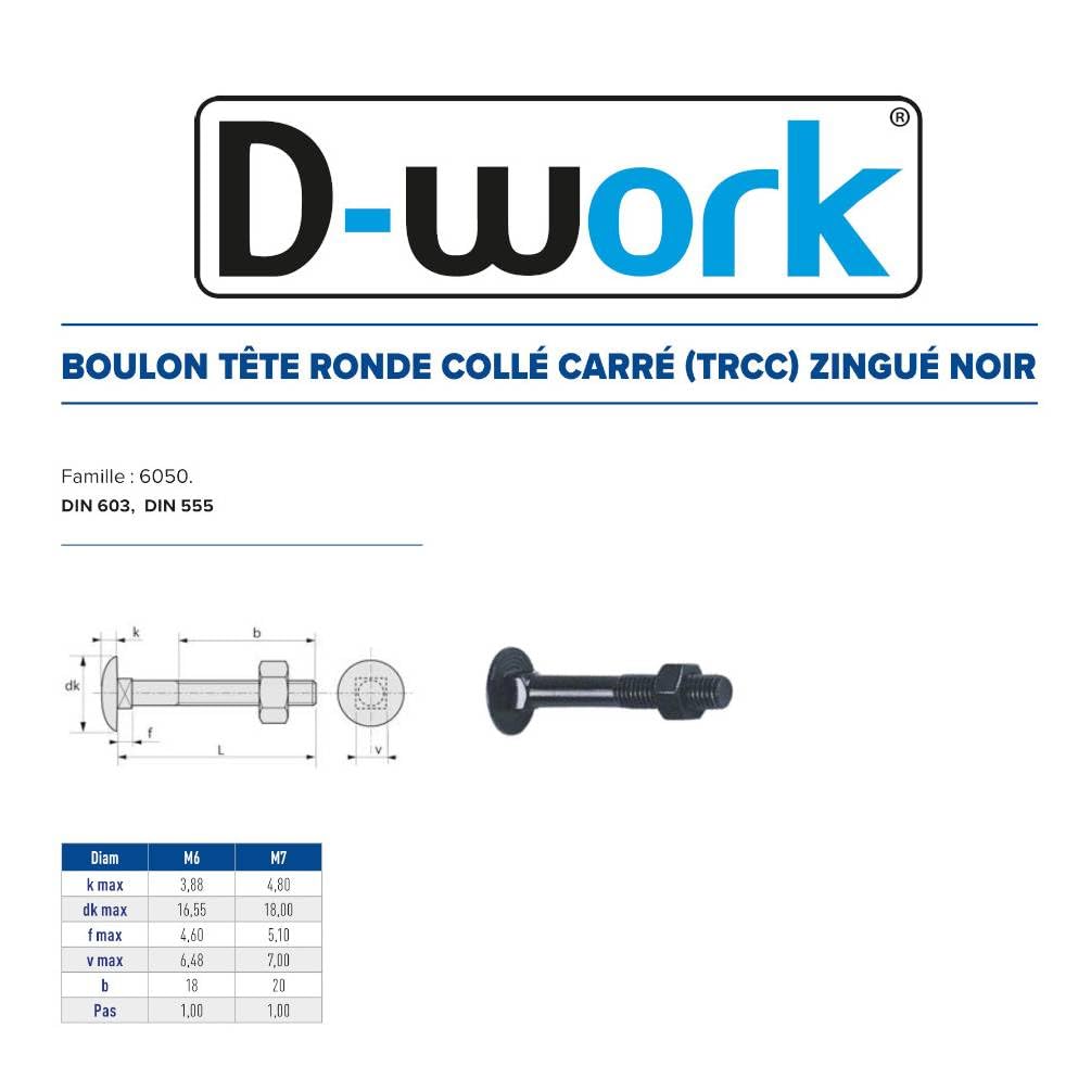 200 Boulons Tête Ronde Collet Carré TRCC 7 x 50 mm - DIN 603 - Zingué Noir - D-Work