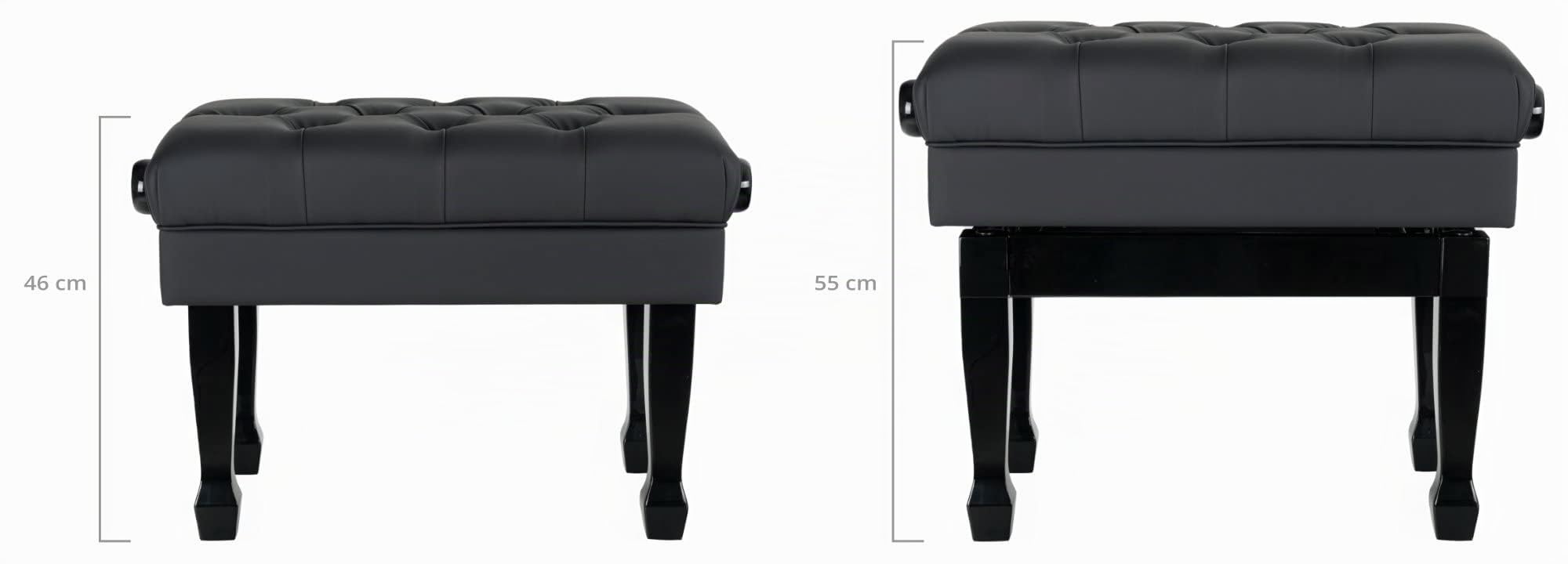 Classic Cantabile Pianobank Modell W - Großer, edler Klavierhocker - Schwarze Sitzfläche im Chesterfield-Stil - Höhenverstellbar von 46-55 cm - 2-fache Kreuz-Mechanik - Schwarz Hochglanz