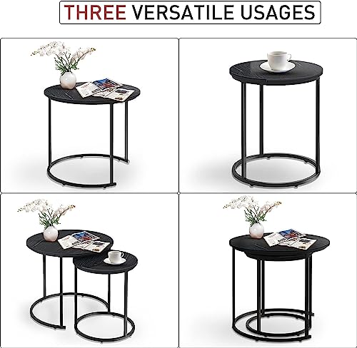 Image of Coffee Tables for Living Room - Small Round Coffee Table Set of 2, Center Table with Solid Wood Table Top and Sturdy Metal Frame, Nesting Tables for Small Spaces -Black