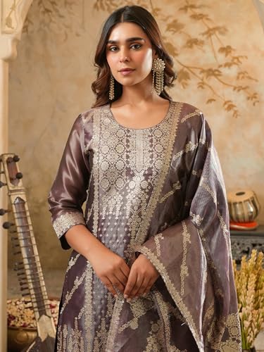 Image of INDO ERA Women's Purple Silk Blend Woven Design Straight Kurta and Pant with Dupatta Set (IESTR5599)