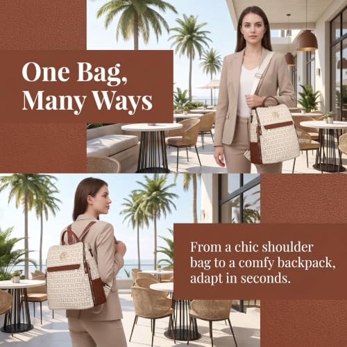 Image of JULIE FERRARO Women's Convertible Backpack Purse Vegan Leather Fashion Backpack Bag Large Capacity Travel Shoulder Bag with Wristlet 2PCS Set