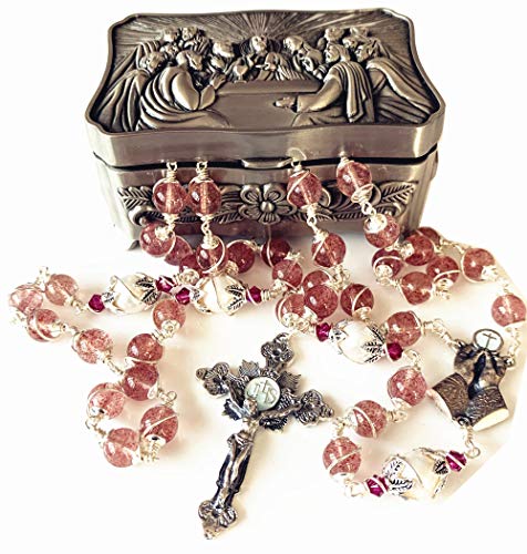 elegantmedical HANDMADE UNDOUBTED STRAWBERRY BEADS & REAL AAA10MM PEARL STERLING 925 SILVER ROSARY NECKLACE CRUCIFX & BOX CATHOLIC GIFTS2