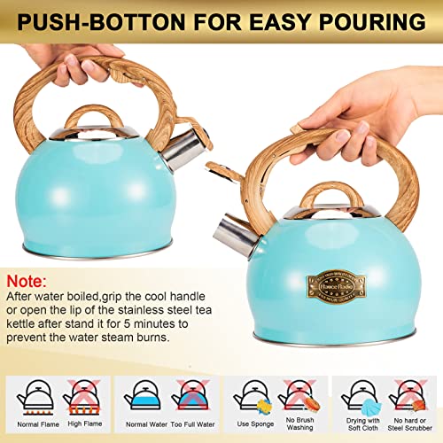 Tea Kettle, 2.1 Quart Loud Whistle Stovetop Teapot, Tea Kettle Light Blue Stainless Steel With Wood Pattern Handle, Unique Button Control Kettle Spout For Tea, Coffee Or Milk #TOP4