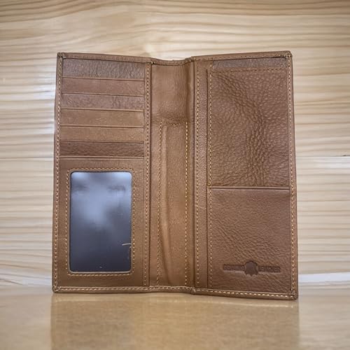 Men’s Long Leather Wallet – Hair-On Cowhide with Cowboy Praying Concho and Basketweave Tooled Design – Rodeo Bifold Checkbook Wallet for Christian Cowboys & Ranchers3