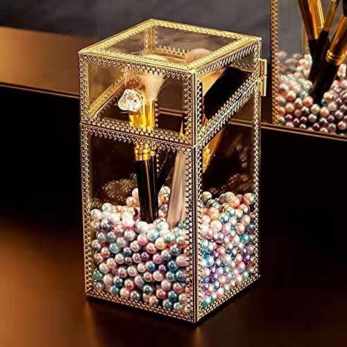 Maxwelly Makeup Brush Holder, Glass Makeup Organizer, Vintage Gold Brush Holder with Lid and Free Pearls, Dustproof Makup Container