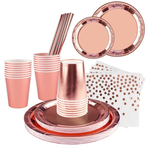 Louça de festa, Shodiffy 150 peças pratos e copos de aniversário, reutilizável pratos de papel guardanapos de copos palhinhas para festas, casamentos, aniversários para 25 convidados (ouro rosa)