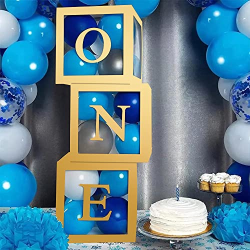Image of Sooyee Gold First Birthday Decorations for Girl or Boy,3 Pcs ONE Balloon Boxes for 1st Birthday Girl Decoration,Baby Cube Blocks Party Decor with ONE Letters for Photoshoot Props, Cake Smash Backdrop
