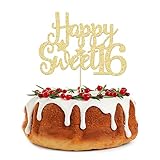 Gyufise 1Pc Happy Sweet 16 Cake Topper Gold Glitter 16th Birthday Cake Topper Sweet 16 Decorations 16th Birthday Decorations