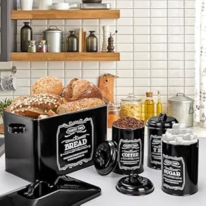 yarlung Metal Bread Box with 3 Kitchen Canisters Set, Large Black Farmhouse Bread Tin for Kitchen Countertop, Coffee Tea Sugar Canister with Lid for Pantry Organizer Home Storage yarlung Metal Bread Box with 3 Kitchen Canisters Set Large Black Farmhouse Bread Tin for Kitchen Countertop Coffee Tea Sugar Canister with Lid for Pantry Organizer Home Storage