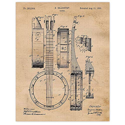 Vintage Strings Banjo Patent Prints, 4 (8x10) Unframed Photos, Wall